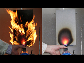 Eine Flammenausbreitungsprüfung ergab, dass Belzona 4141FR (rechts) anders als ein alternatives Betonreparaturmaterial (links) nicht brennt.